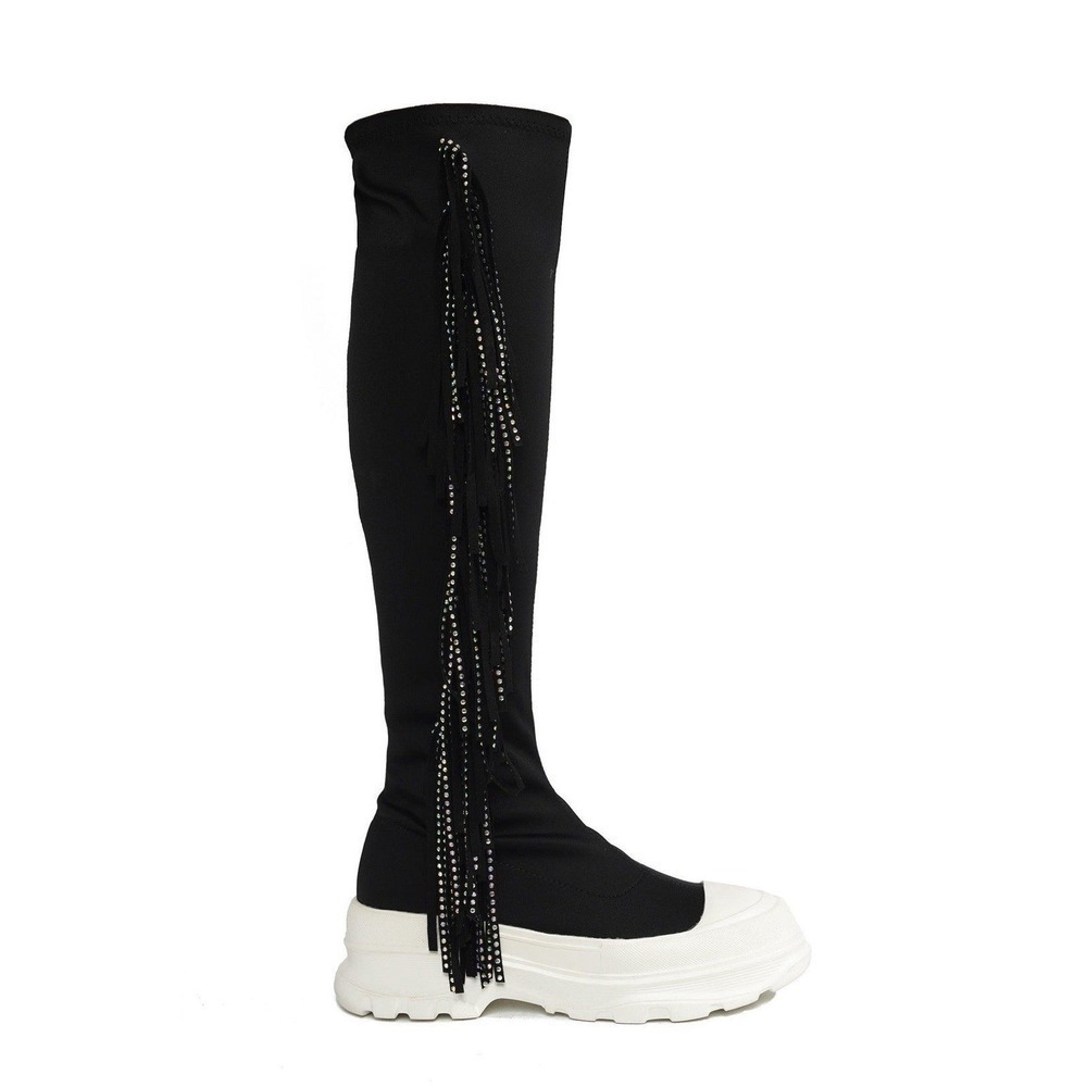 Cape Robbin Boots Aretha Sz 7 Black/ White Rhinestone Fringe Chunky Lug Sole